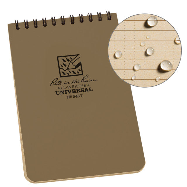 Weatherproof Top Spiral Notebook, 4" x 6", Tan Cover, Universal Pattern (No. 946T)